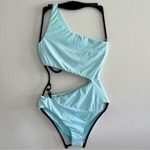 NWT BCBGMaxAzria One-Shoulder Cutout Asymmetrical One Piece Swimsuit Light Blue